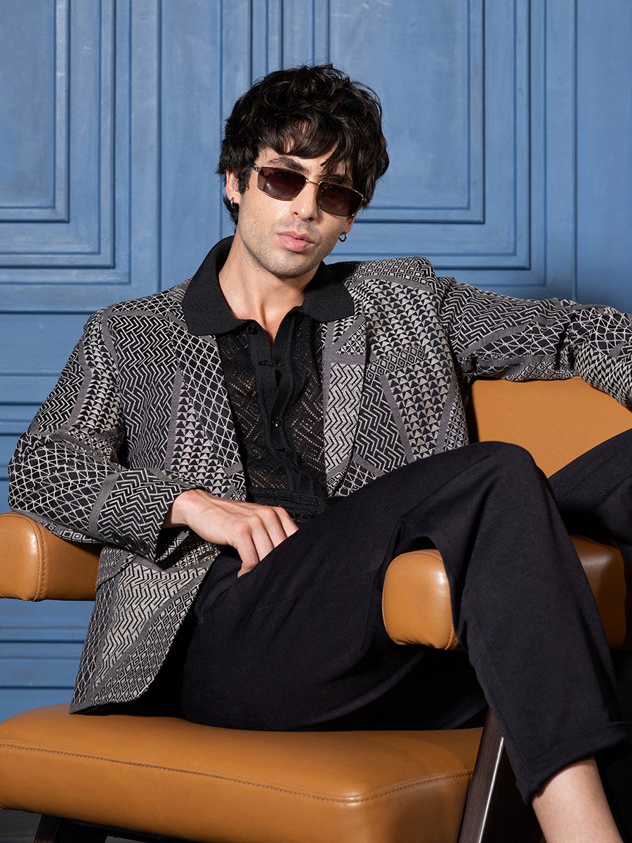 Men Onyx Black Tailored Geometric-Block Jacquard Blazer