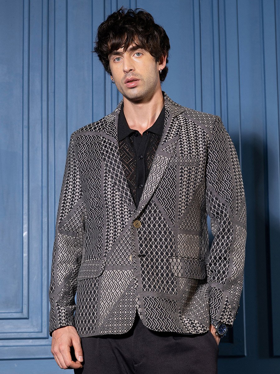 Men Onyx Black Tailored Geometric-Block Jacquard Blazer