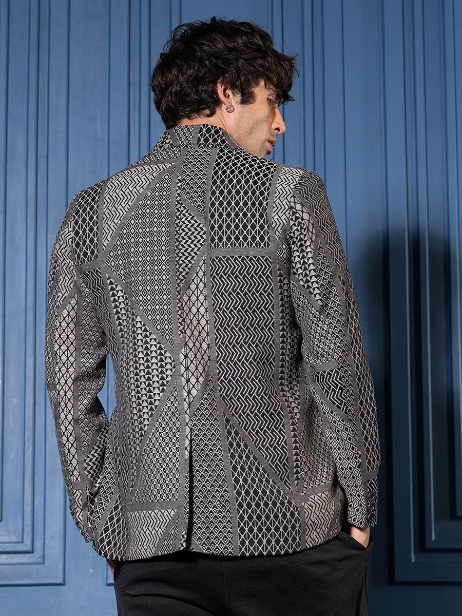 Men Onyx Black Tailored Geometric-Block Jacquard Blazer
