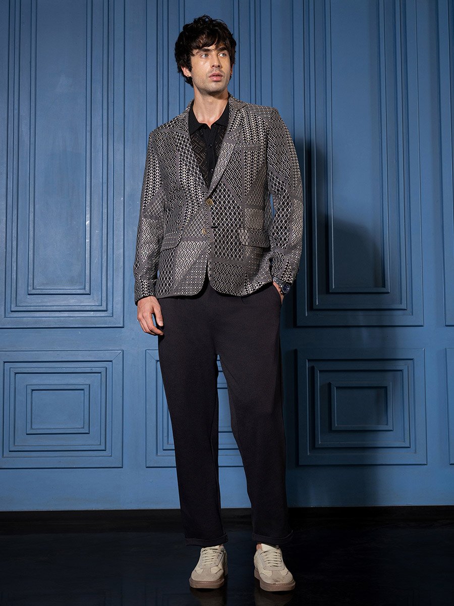 Men Onyx Black Tailored Geometric-Block Jacquard Blazer