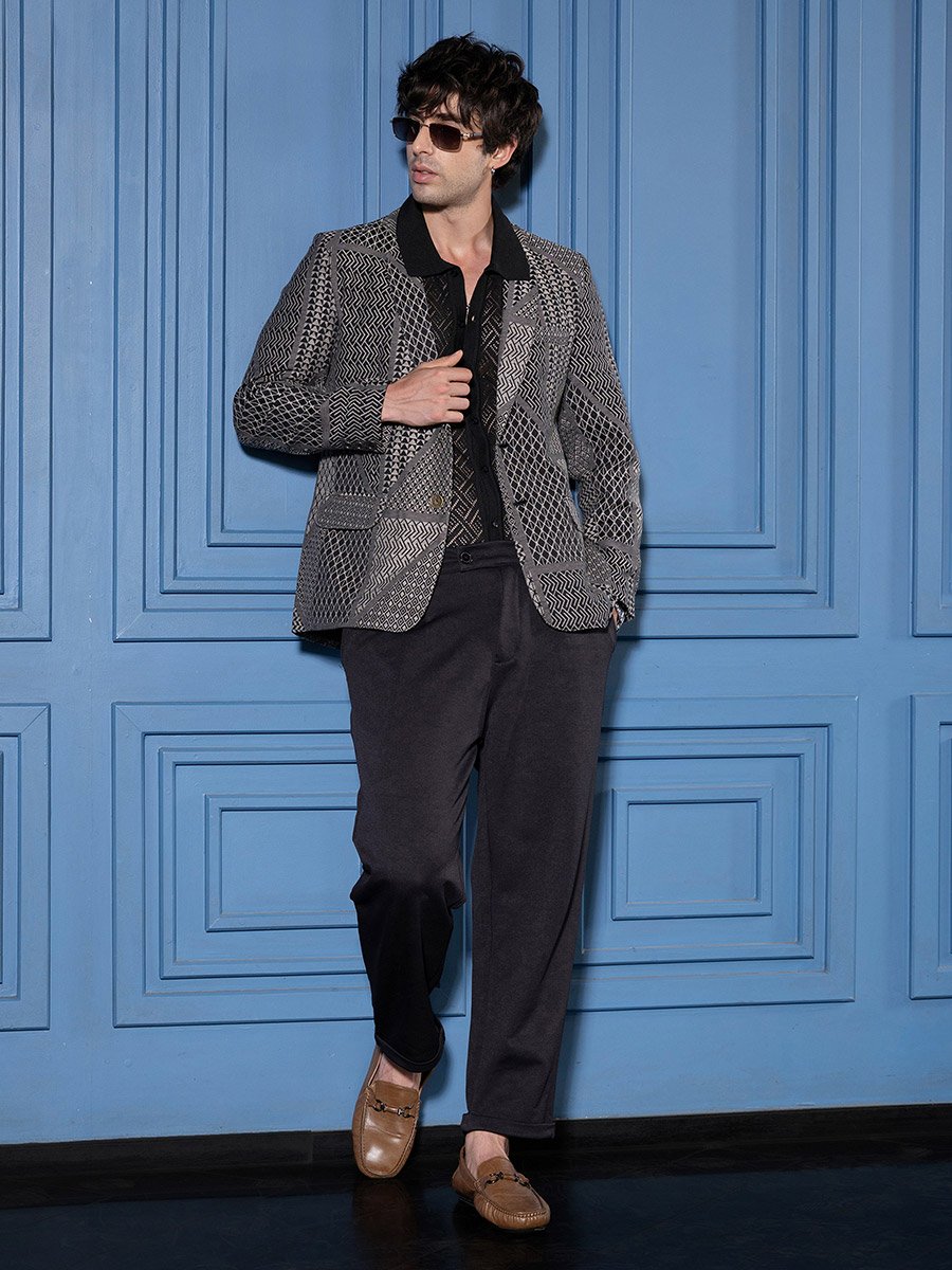Men Onyx Black Tailored Geometric-Block Jacquard Blazer