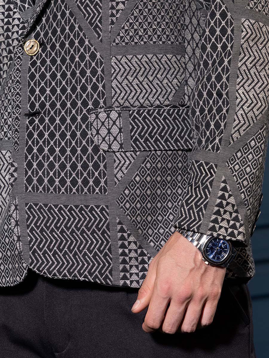 Men Onyx Black Tailored Geometric-Block Jacquard Blazer