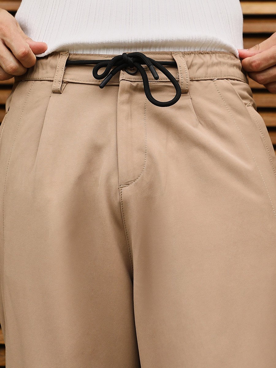 Men Khaki Beige Pleat Relaxed Trousers