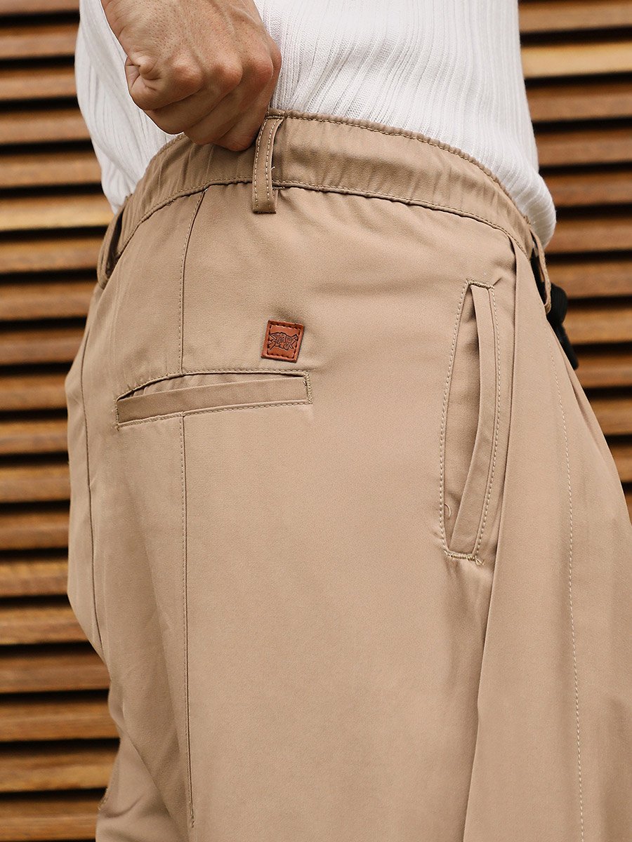 Men Khaki Beige Pleat Relaxed Trousers