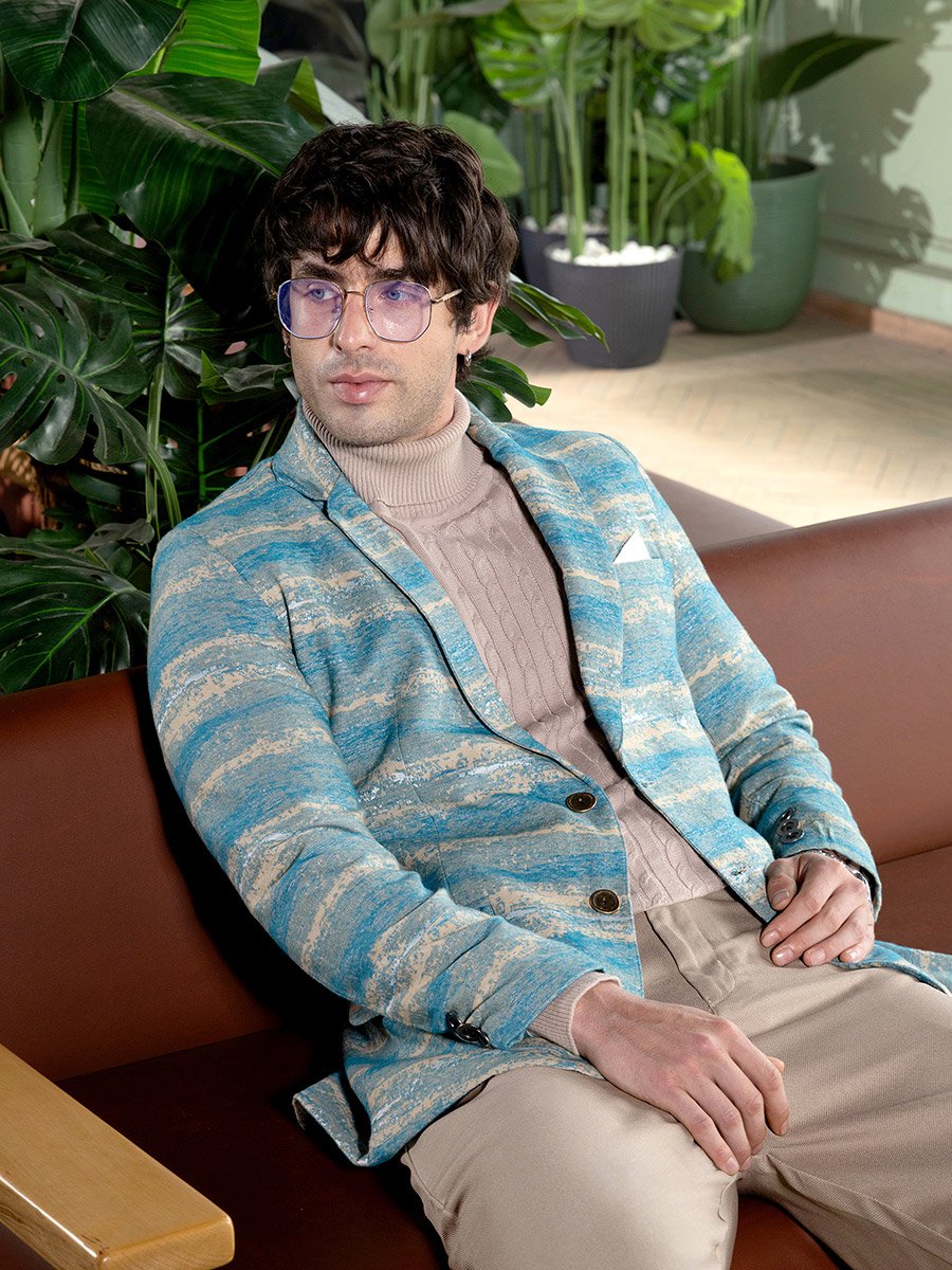 Men Sky Blue Tailored Gradient-Strokes Jacquard Blazer
