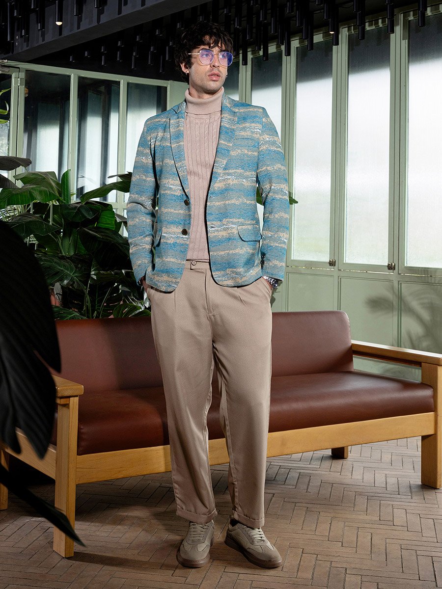Men Sky Blue Tailored Gradient-Strokes Jacquard Blazer