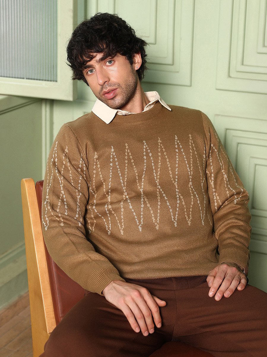 Men Tan Brown Zigzag-Jacquard Pullover Sweater