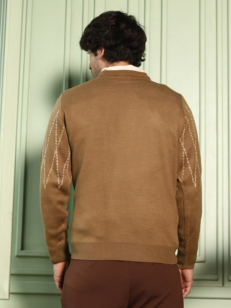 Men Tan Brown Zigzag-Jacquard Pullover Sweater