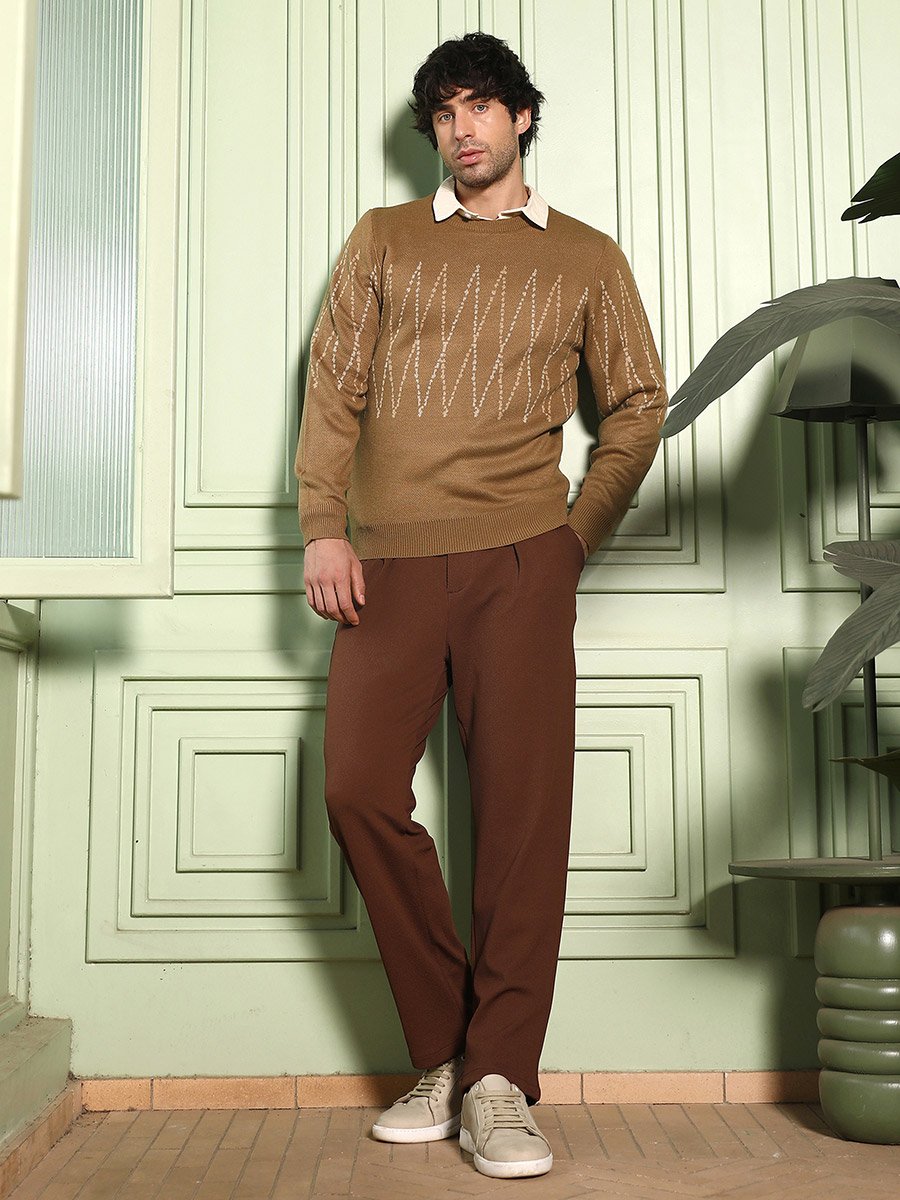 Men Tan Brown Zigzag-Jacquard Pullover Sweater