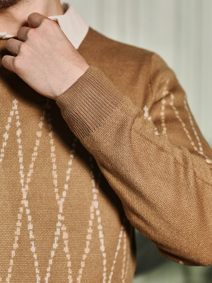 Men Tan Brown Zigzag-Jacquard Pullover Sweater