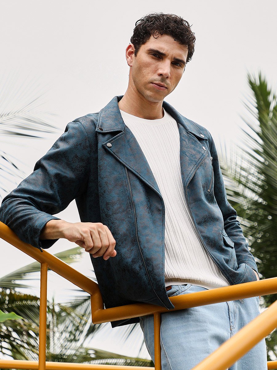 Men Green Embossed-Suede Biker Jacket