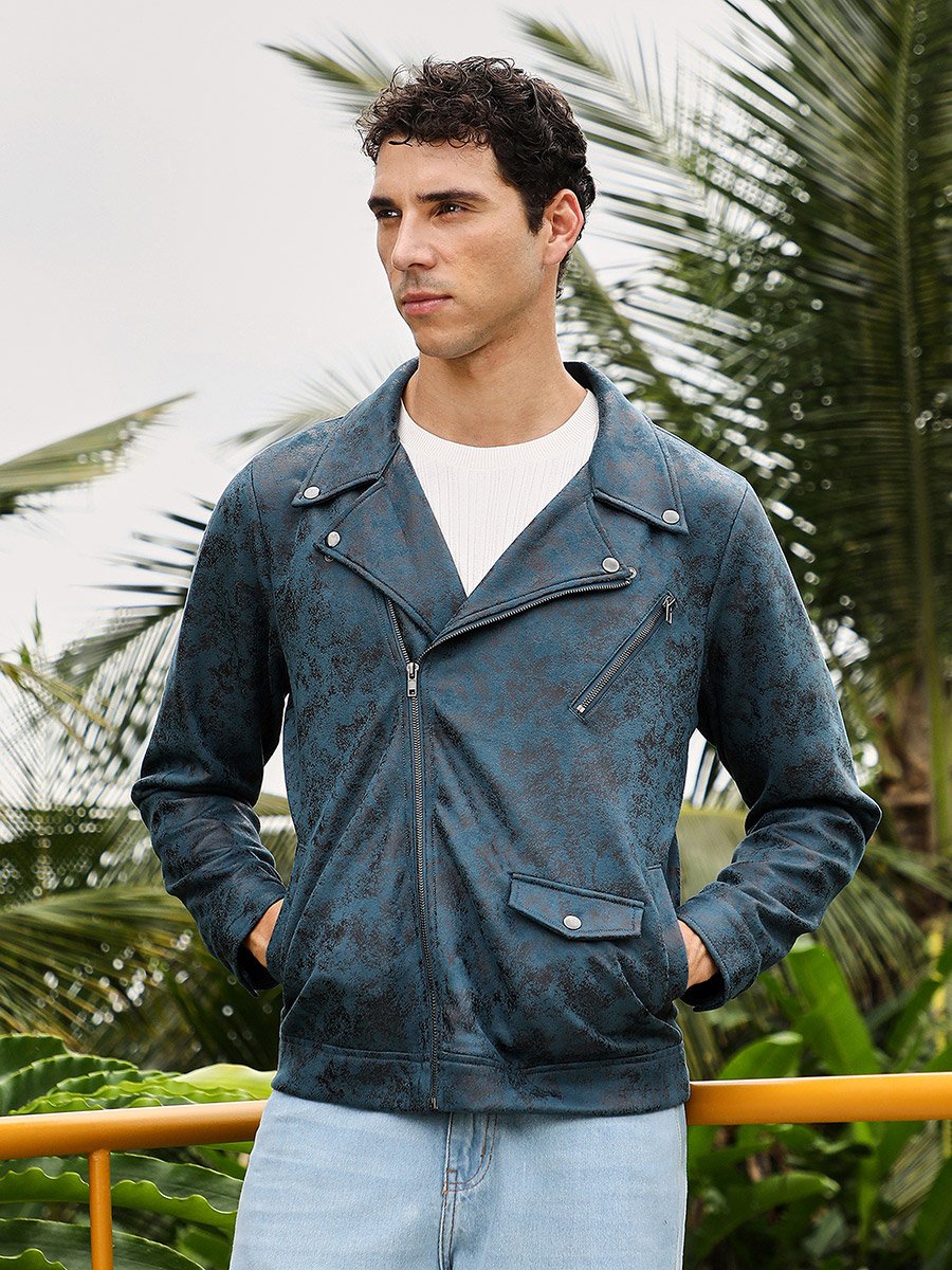 Men Green Embossed-Suede Biker Jacket