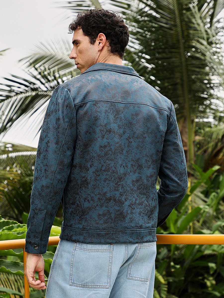 Men Green Embossed-Suede Biker Jacket