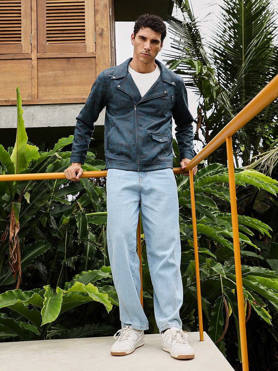 Men Green Embossed-Suede Biker Jacket