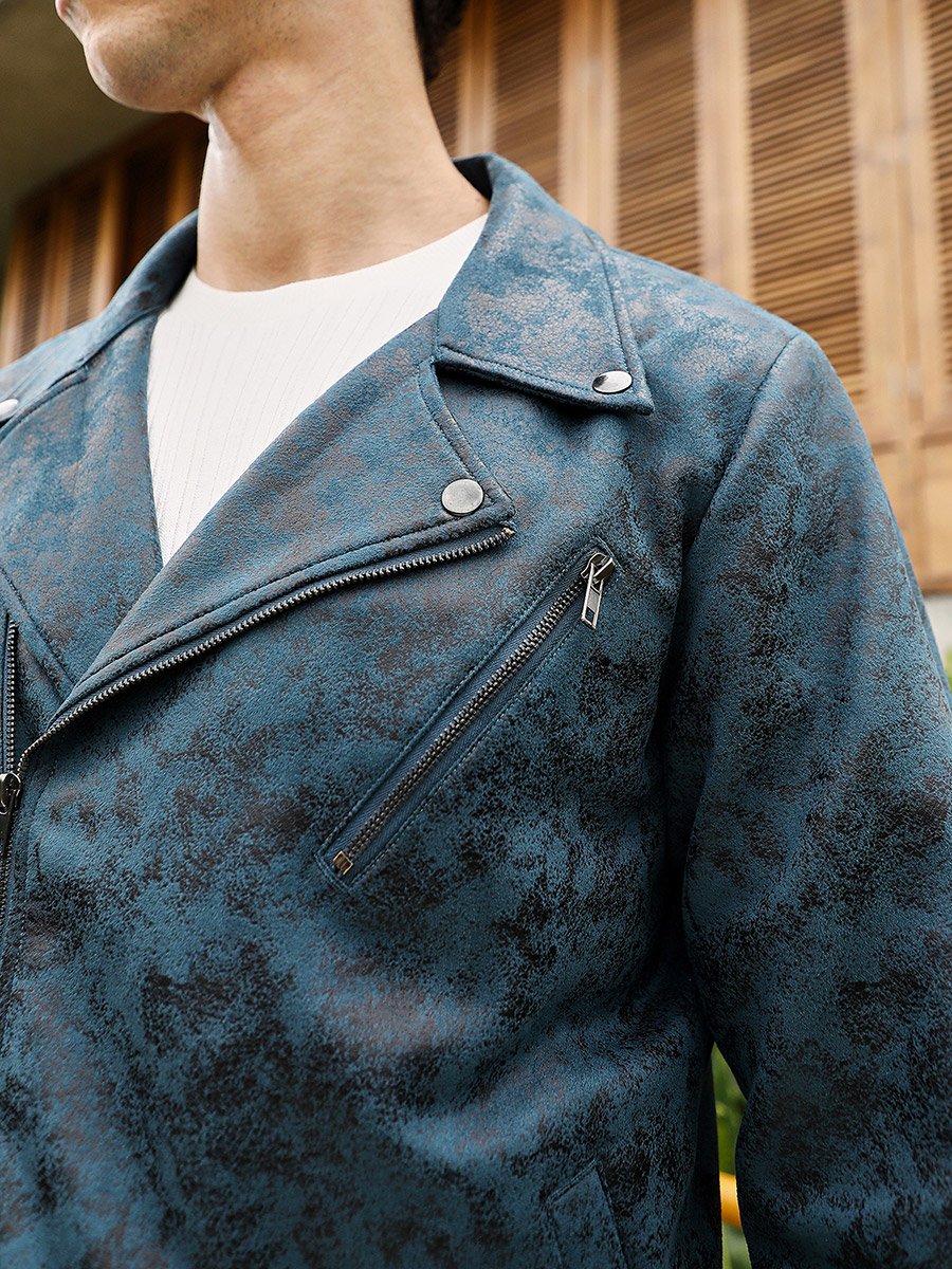 Men Green Embossed-Suede Biker Jacket