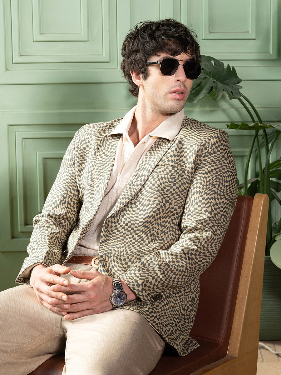 Men Tailored Curved-Check Jacquard Blazer