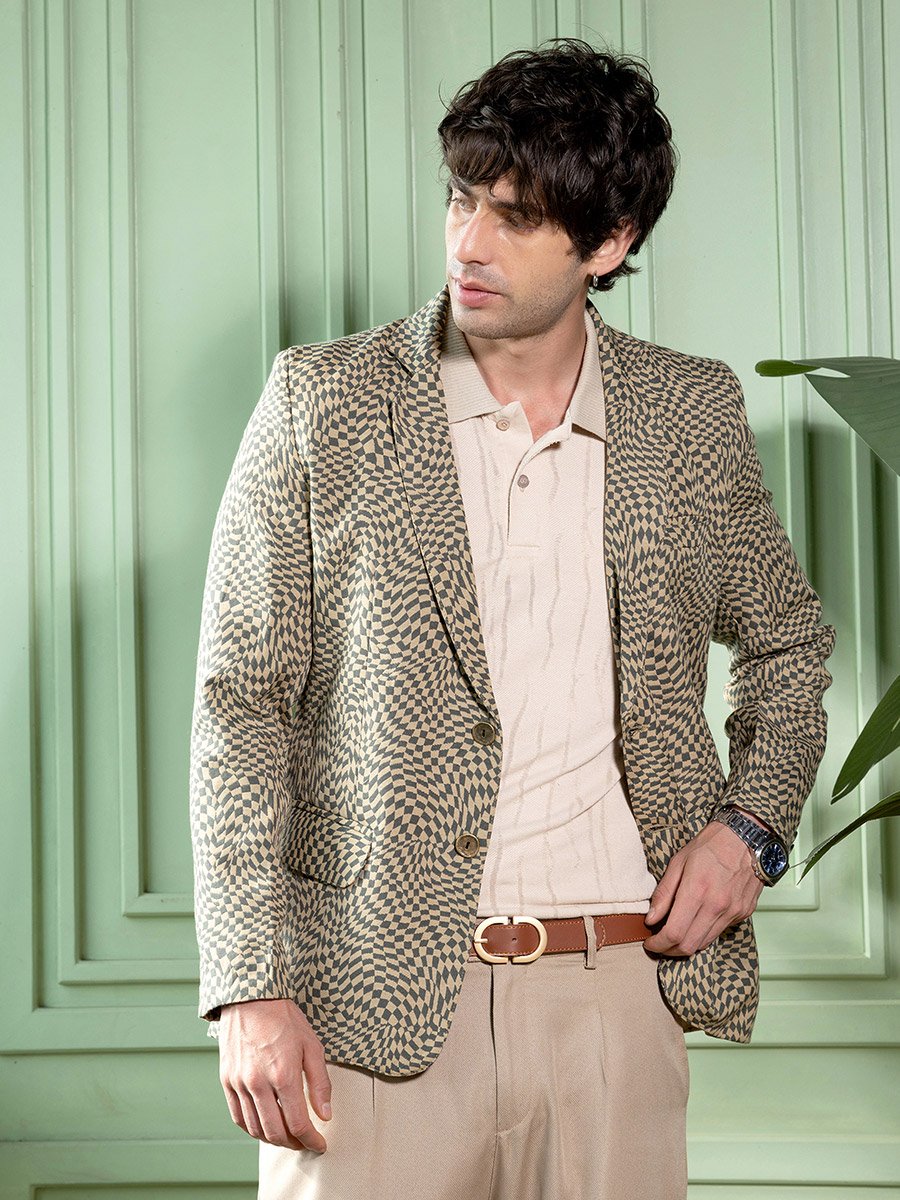 Men Tailored Curved-Check Jacquard Blazer