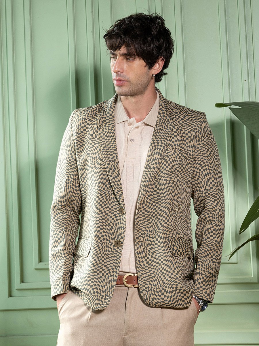 Men Tailored Curved-Check Jacquard Blazer