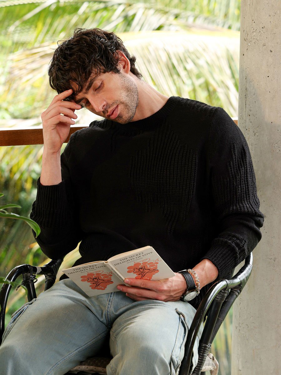 Men Black Jacquard Knitted Sweater