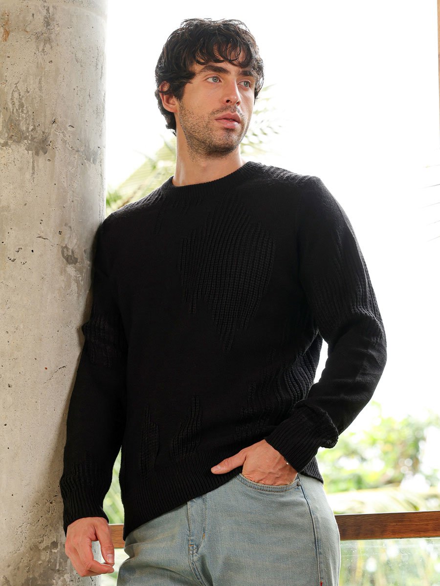 Men Black Jacquard Knitted Sweater