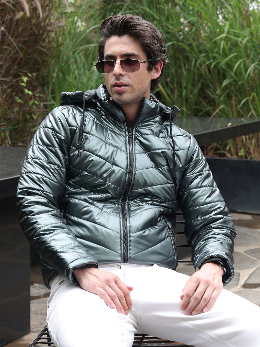 Men Green Coated Panel-Quilt Puffer Jacket