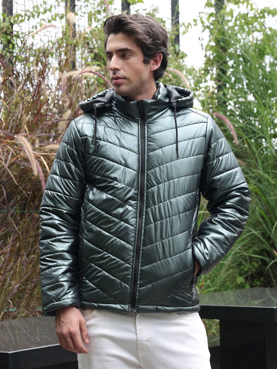 Men Green Coated Panel-Quilt Puffer Jacket