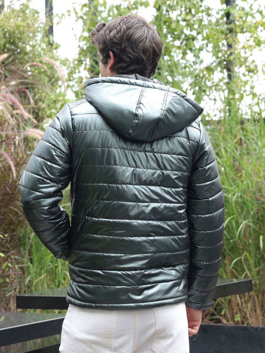 Men Green Coated Panel-Quilt Puffer Jacket