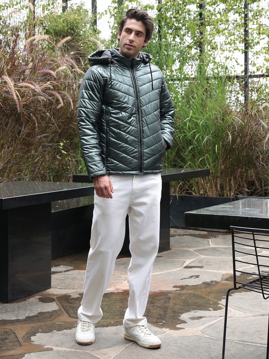 Men Green Coated Panel-Quilt Puffer Jacket