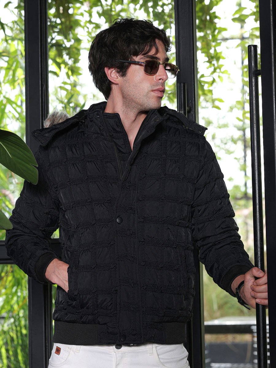 Men Black Grid-Tactile Puffer Jacket