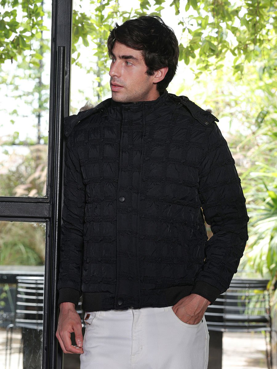 Men Black Grid-Tactile Puffer Jacket