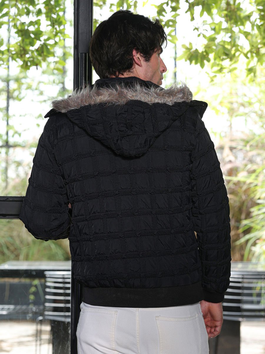 Men Black Grid-Tactile Puffer Jacket