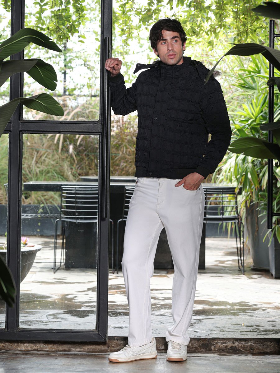 Men Black Grid-Tactile Puffer Jacket