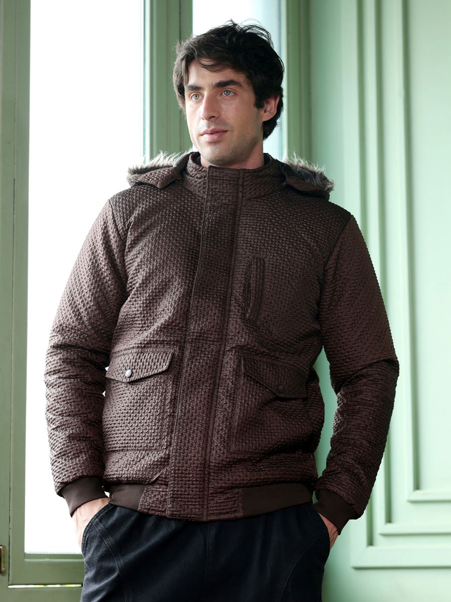 Men Coffee Brown Diamond-Tactile Puffer Jacket