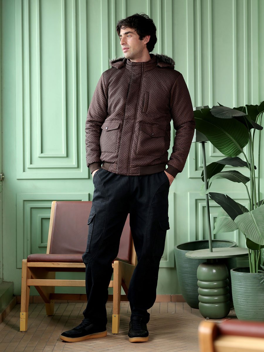 Men Coffee Brown Diamond-Tactile Puffer Jacket