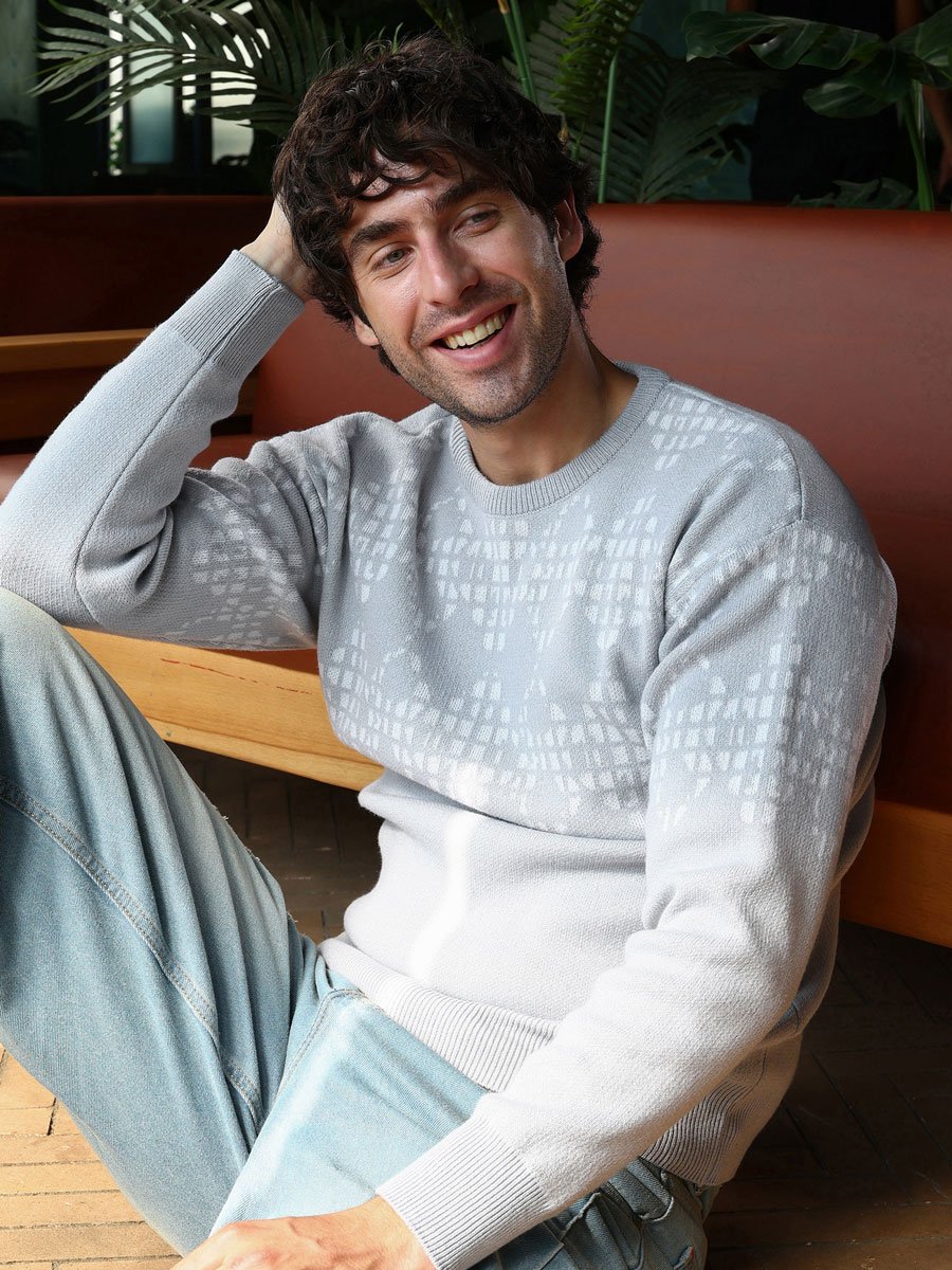 Men Grey Geometric Knit Pullover Sweater