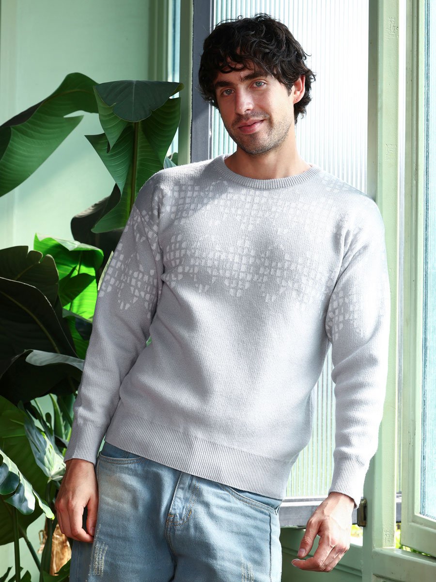 Men Grey Geometric Knit Pullover Sweater