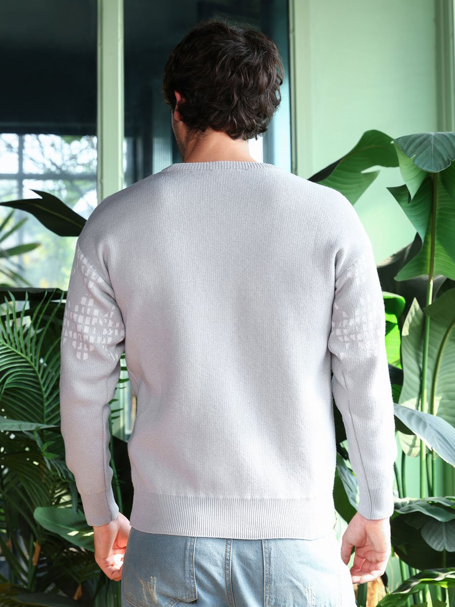 Men Grey Geometric Knit Pullover Sweater