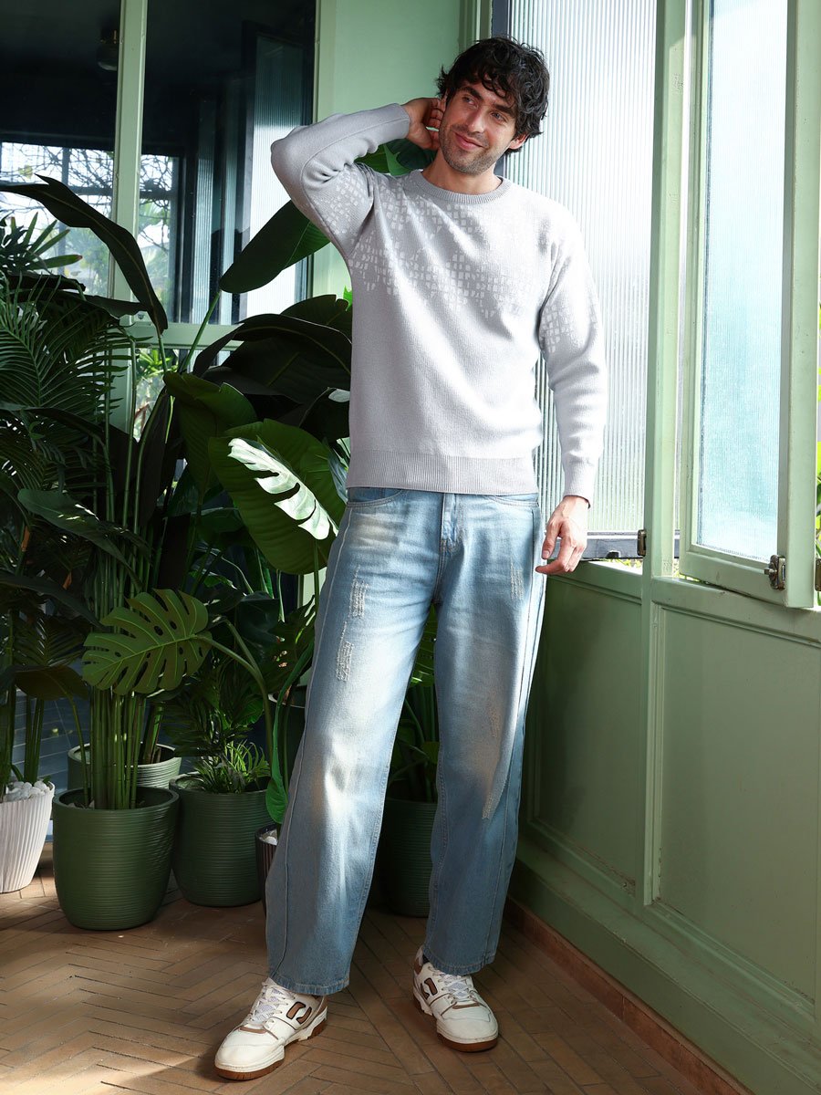 Men Grey Geometric Knit Pullover Sweater