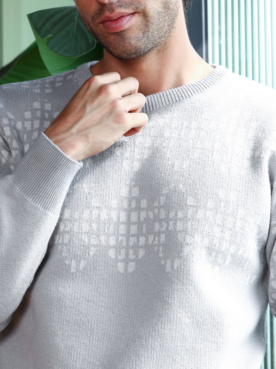 Men Grey Geometric Knit Pullover Sweater