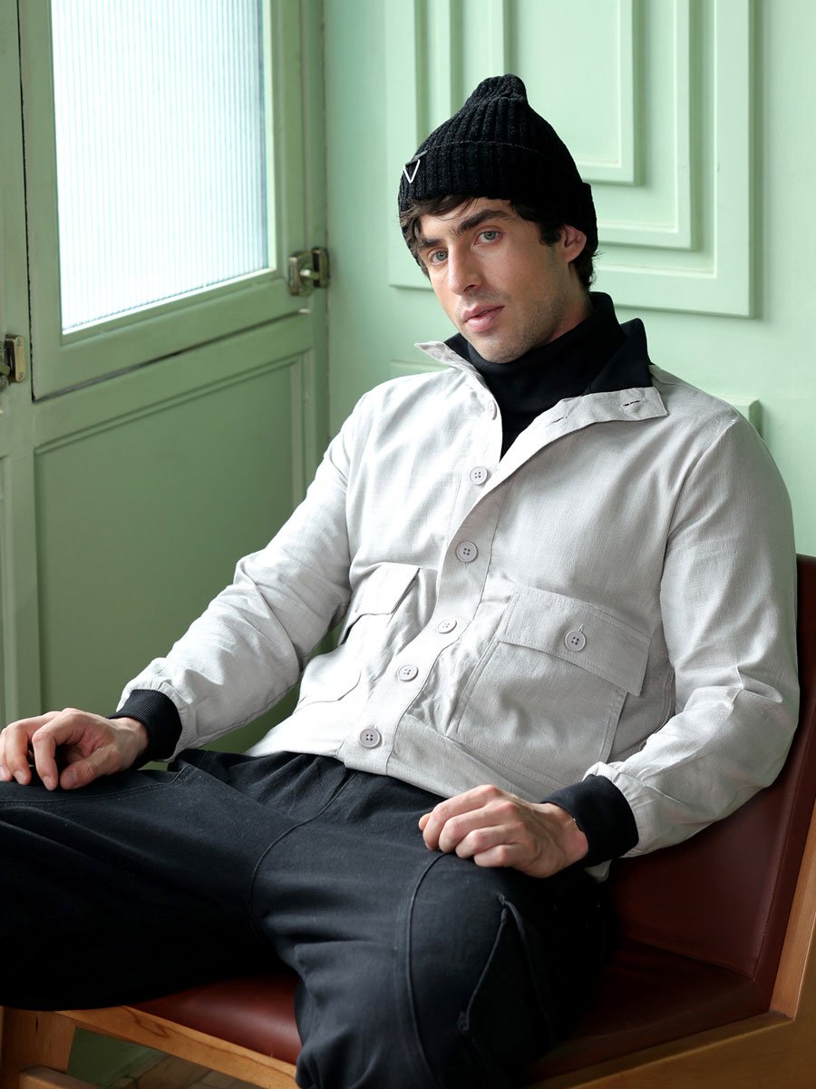 Men Grey Tactile-Utility Bomber Jacket
