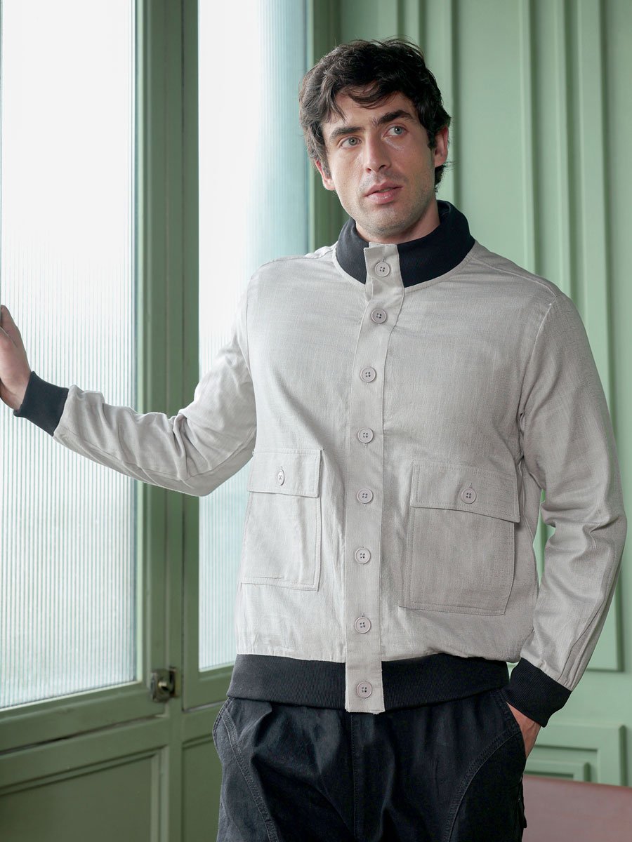 Men Grey Tactile-Utility Bomber Jacket