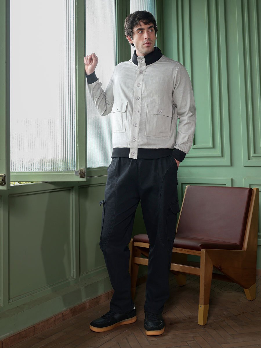 Men Grey Tactile-Utility Bomber Jacket
