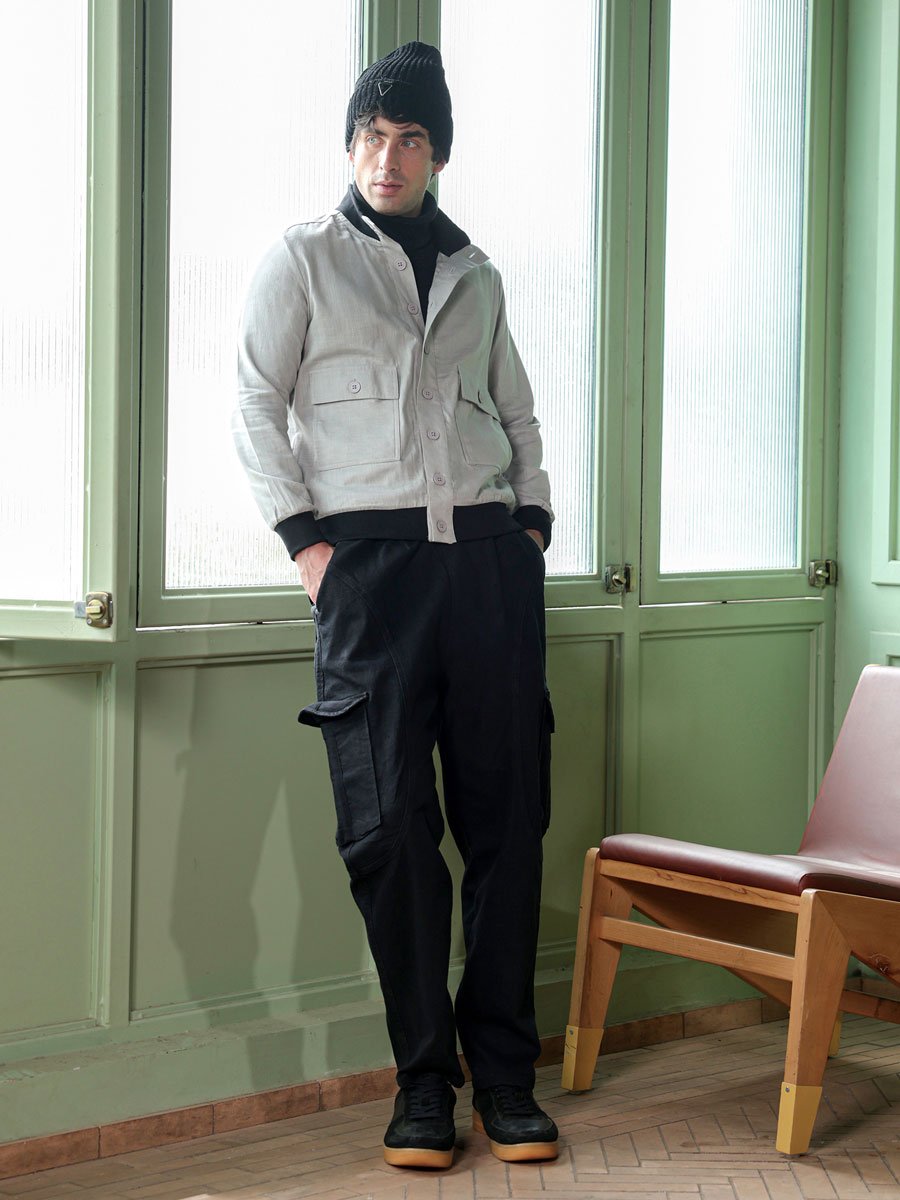 Men Grey Tactile-Utility Bomber Jacket