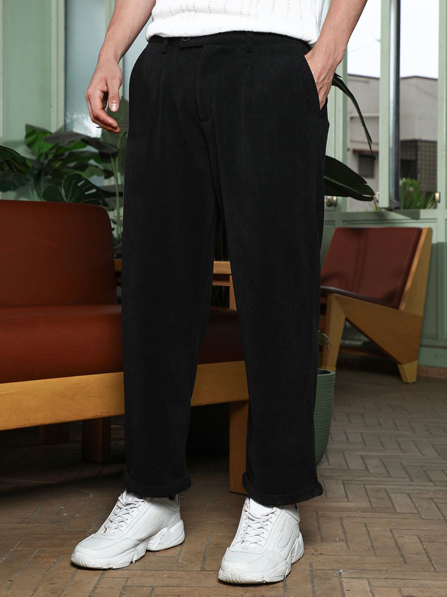 Men Onyx Black Ribbed-Pleat Cuffed Trousers