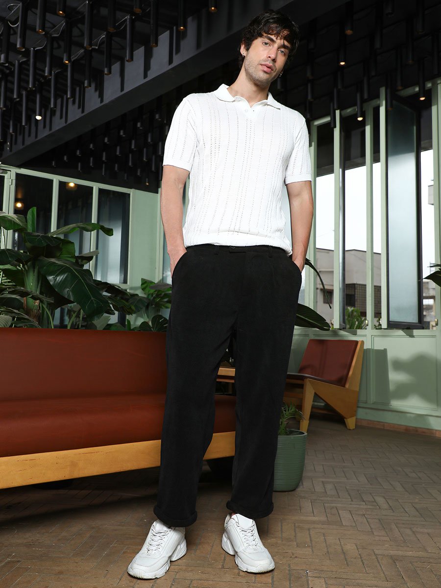 Men Onyx Black Ribbed-Pleat Cuffed Trousers