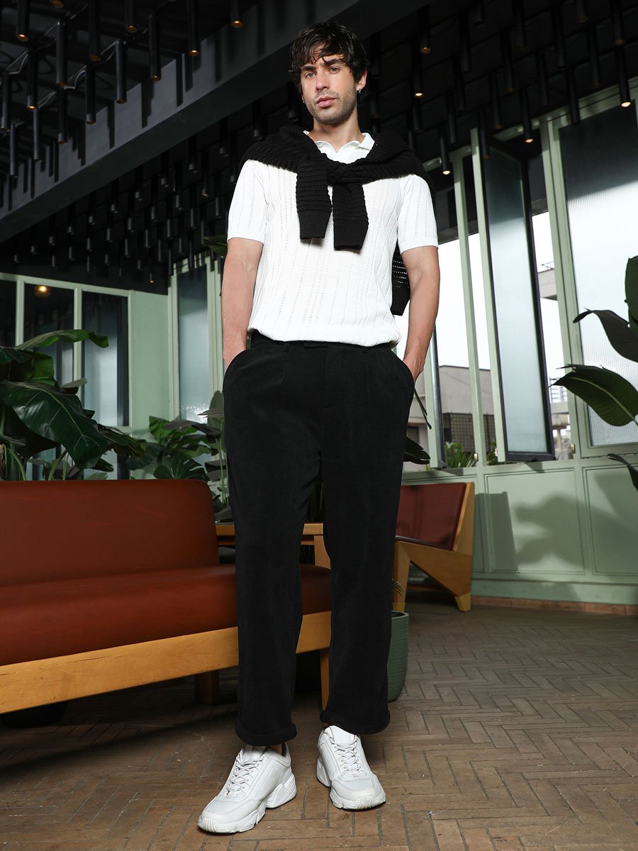 Men Onyx Black Ribbed-Pleat Cuffed Trousers