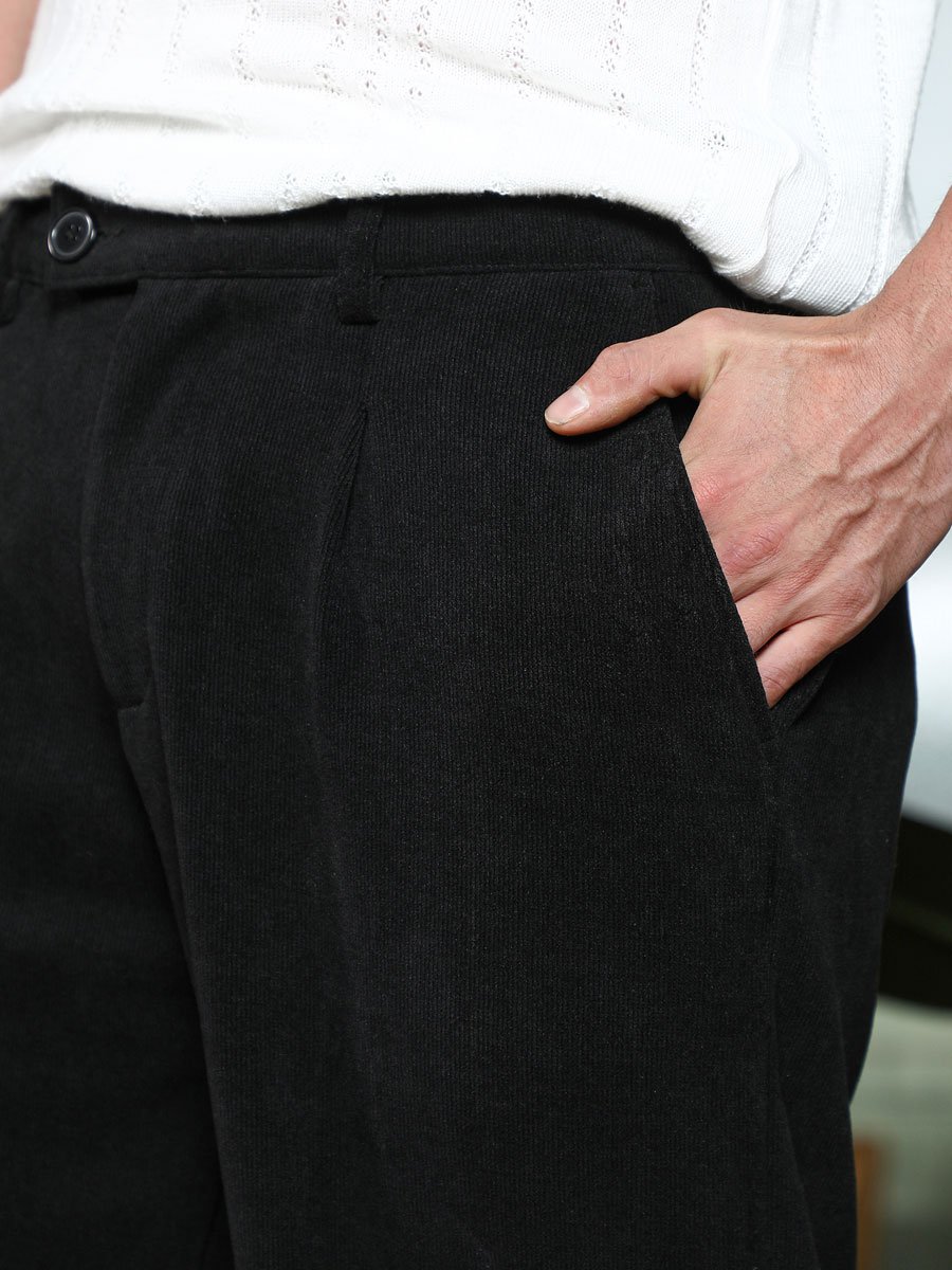 Men Onyx Black Ribbed-Pleat Cuffed Trousers