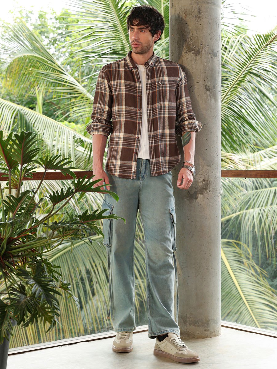 Men Chocolate Brown Button-Down Shadow-Plaid Shirt