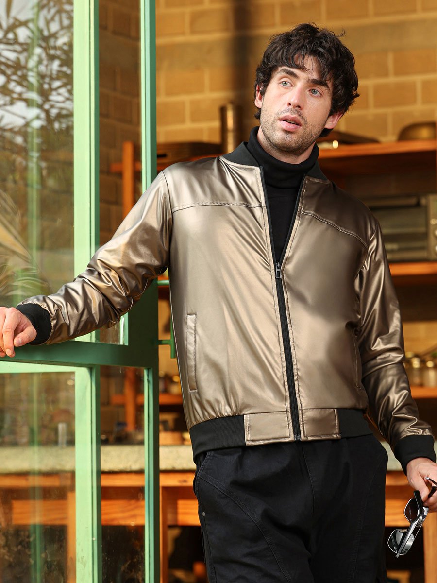 Men Bronze Patent-Panel Bomber Jacket