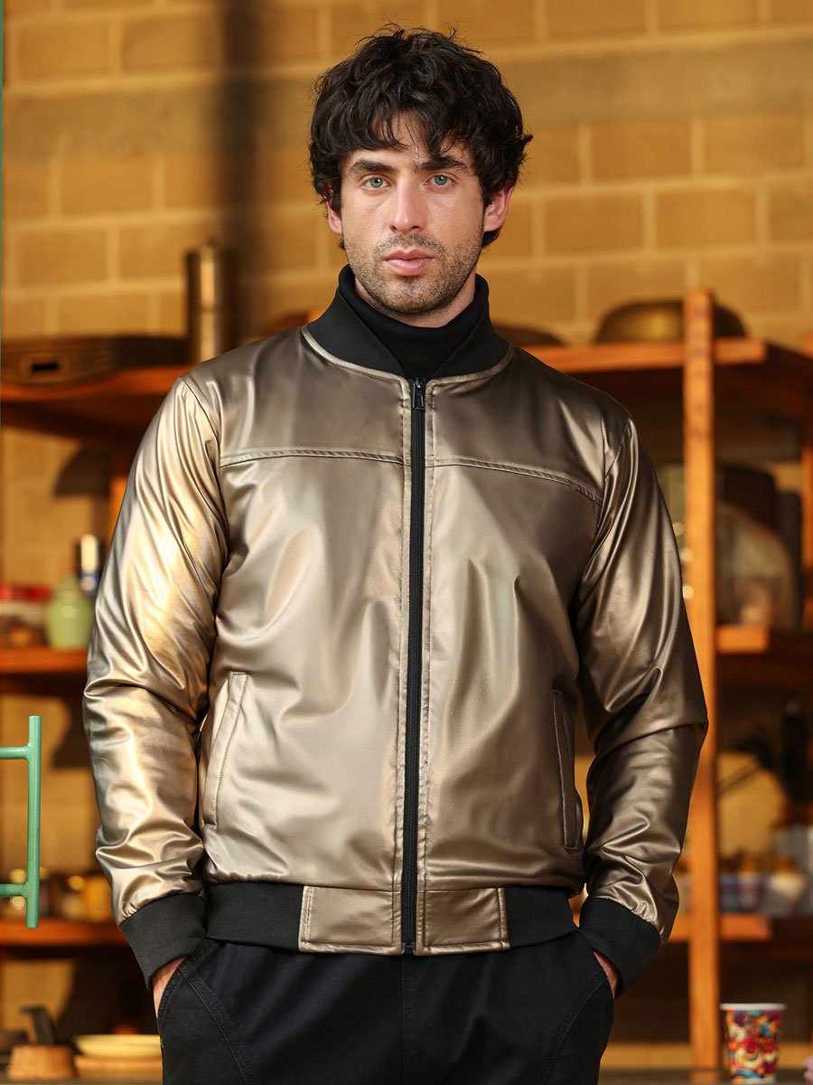 Men Bronze Patent-Panel Bomber Jacket